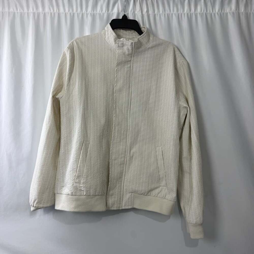 boohooMAN Seersucker Jacket Size Medium White Striped Bomber Coat